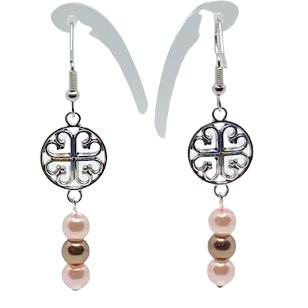 Baby Pink & Bronze Marble Beads with Silver Pendant - Medium Length Drop Earring